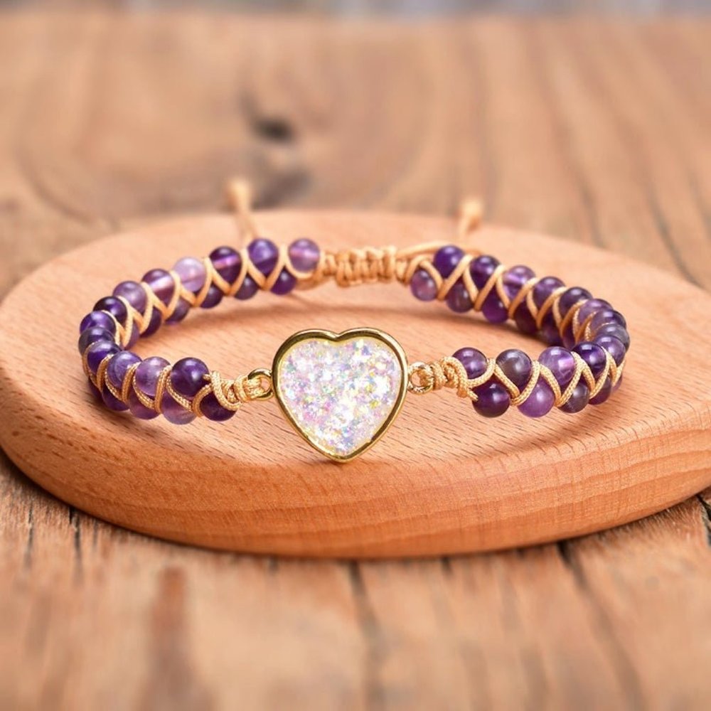 Amethyst Handmade Braided Heart Opal Charm 2 strand Healing Reiki Women Bracelet